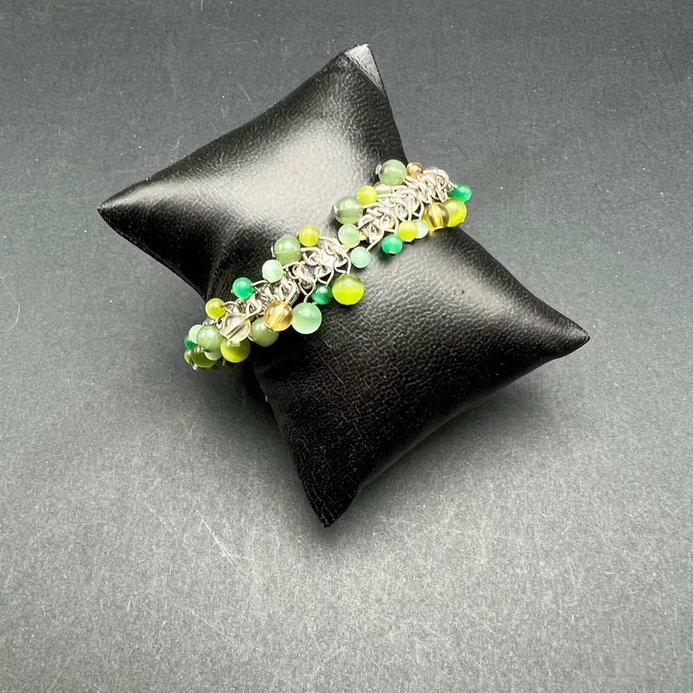 Green Beaded Stretch Bracelet‎ Striped and Clear Beads